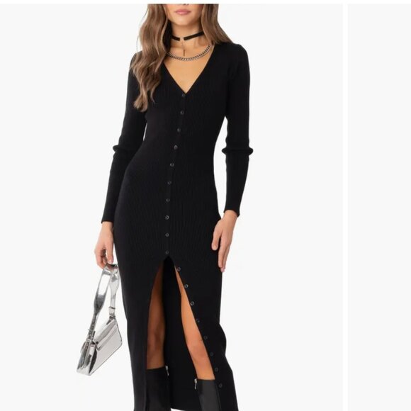 Edikted Jazlyn Long Sleeve Black Ribbed Sweater Dress Size Large - Picture 1 of 15